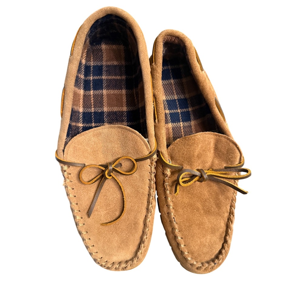 Puritan Mens Trapper Leather Suede Plaid Lined Moccasin Slippers Tan Size 13